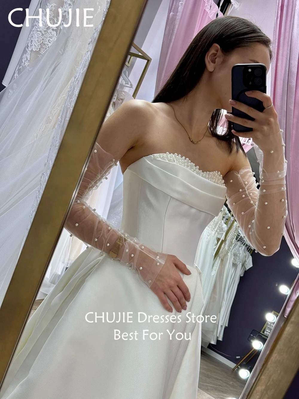 ชุดแต่งงานแบบจีบระบายประดับมุก ผ้าซาตินคลาสสิก ชุดเจ้าสาวผู้หญิง สง่างาม สามารถสั่งตัดได้ ชุดแต่งงานผ่าข้าง