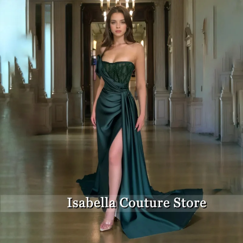 Ciemnozielona seksowna suknia balowa bez ramiączek, z odkrytymi plecami, z wycięciami, satynowa suknia wieczorowa typu syrena z rozcięciem z boku, szyta na miarę.