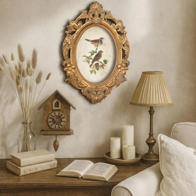 3D Embossed Baroque Gold Wooden Frame with Botanical Bird Illustration Print, Nature Wall Decor for Study, Bedroom, Entryway