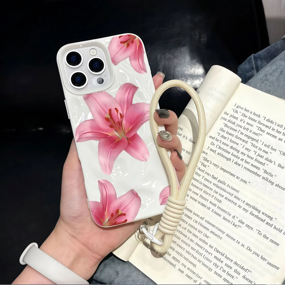 Hibiskusblüten Falten-Silikon-Handyhülle für iPhone 17 15 13 11 12 14 16 17 Pro Max 14 15 Plus 17 Air mit Lanyard INS Cover – Detail 2