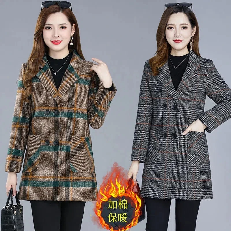 

Middle-Aged Elderly Women Woolen Coat Female Mid-Length Mother Clothes Korean New Autumn Winter Fashion Plaid Woolen Jacket