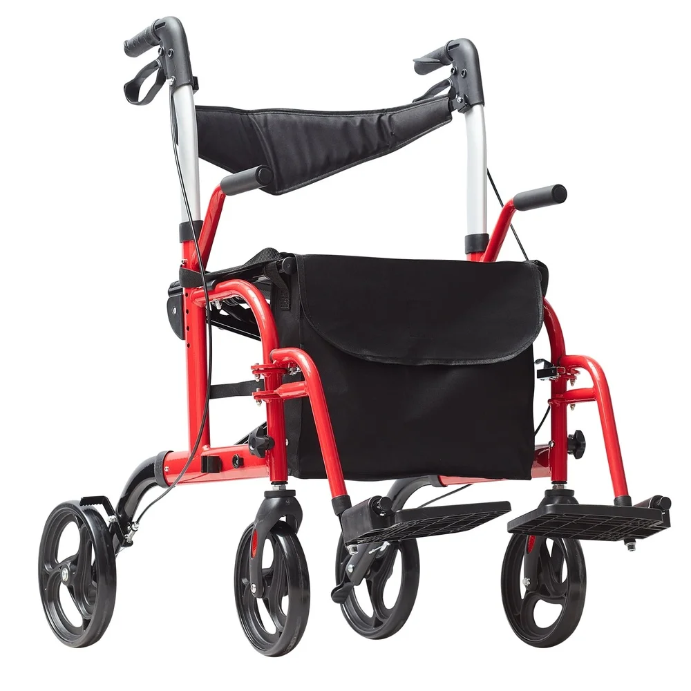 Chaise de Transport Walker à double fonction, cadre en aluminium, fauteuil roulant pliant avec poignée réglable, roues tout Terrain, convivial