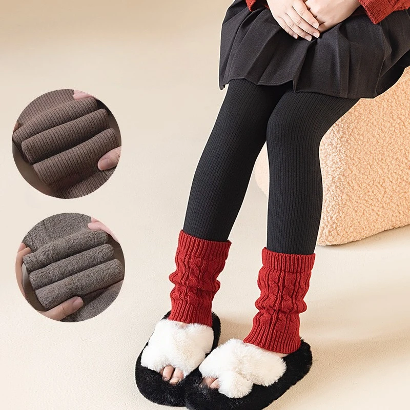 Winter children's fleece thickened girls leggings vertical strips contrasting color thermal pants