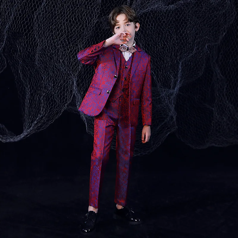 Children Shining Purple Luxurious Jacket Vest Shirt Pants Bowtie 5PCS Party Dress Boys Photograph Suit Kids Performance Costume