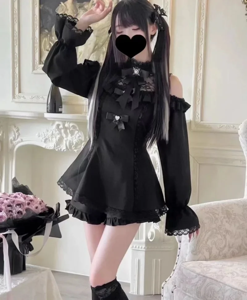 

Японский готический стиль, платье со стразами и бантом, комплект с шортами, женские кружевные рубашки с открытыми плечами и длинными рукавами, тонкие рубашки, платья, наряды Лолиты Y2k