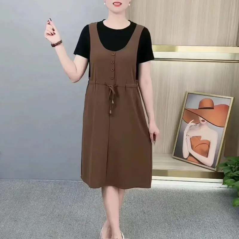 

Fashion Casual Female Fake Two Pieces Round Neck Dresses Summer Short Sleeve Solid Color Spliced Dress Women's Clothing Q242