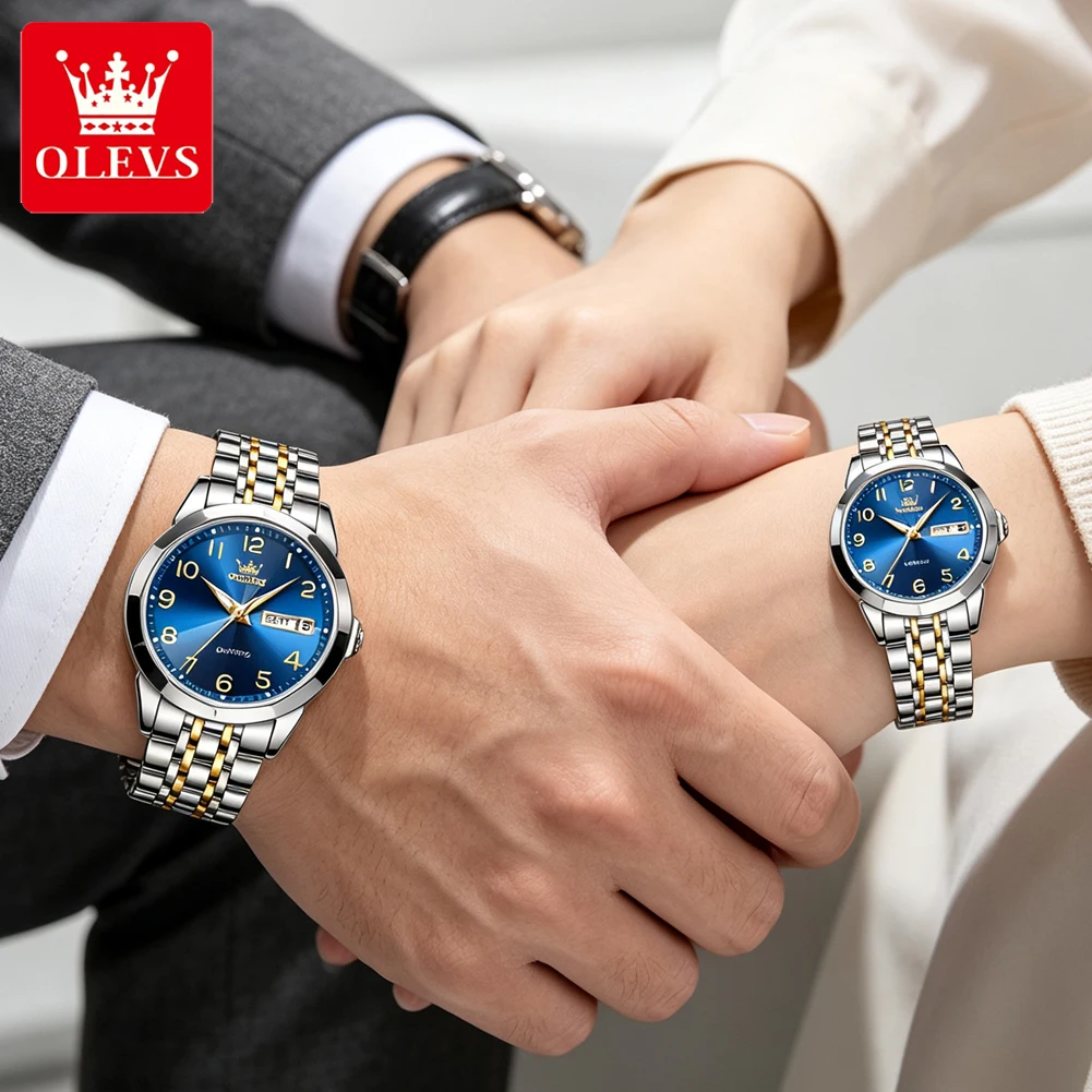 OLEVS Original Couple Watch Classic Business Dress Analog Quartz Stainless Steel Waterproof Luminous Day Date Waterproof 9970