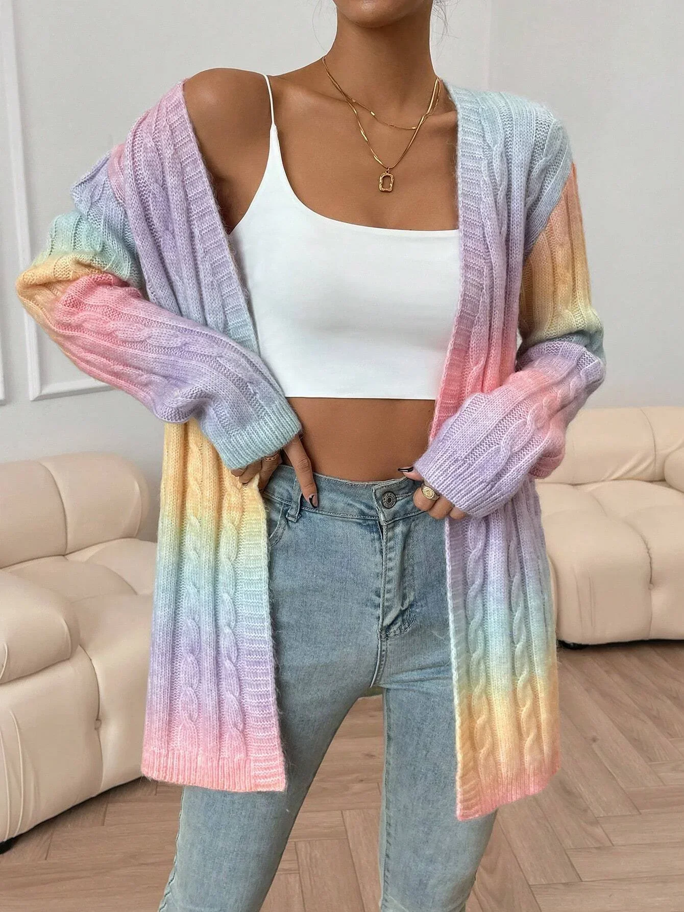 Autumn Vintage Cardigans Winter New Women\'s Sweater New Pockets Rainbow Tie-dye Mid-length Cardigan Knitted Sweater Jacket