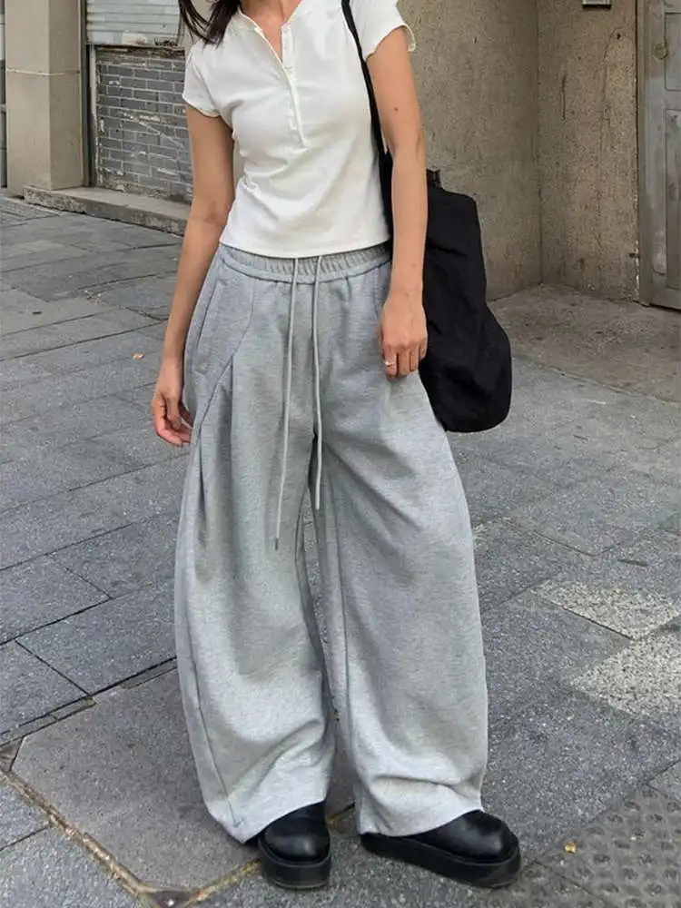 ay American Sle Pantaloni a gamba larga pigri Pantaloni casual drappeggiati larghi da donna Pendolari Sle Cintura elastica a vita alta