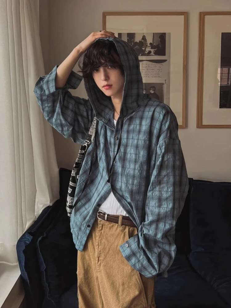 HOUZHOU Vintage Plaid Hooded Shirts Women Oversized Japanese Style Harajuku Fashion Checked Blouses Long Sleeve Tops Streetwear