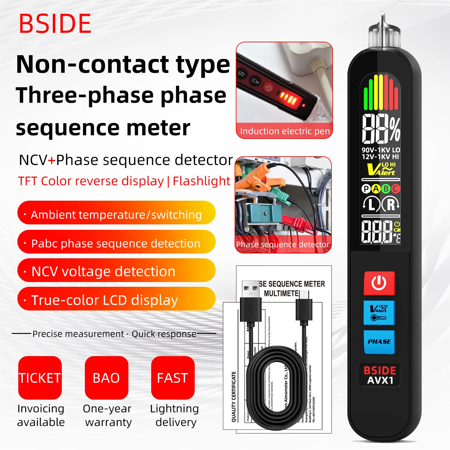 

BSIDE AVX1 2in1 Phase Tester&NCV Detector Live Wire/Phase Sequence Check,High/Low Sensitivity LCD Color Screen USB Rechargeable
