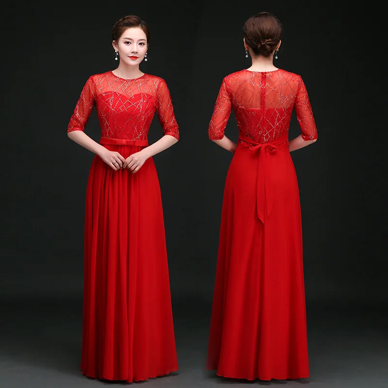 Vestido longo feminino coro desempenho vestido fino ajuste banquete adulto estilo longo 2020 meia-idade e idosos vermelho canção coro vestido