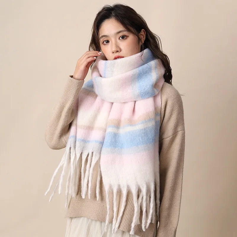 Macaron Color Mohair Large Scarf Winter Solid Color Fluffy Warm Shawl Wrap Windproof Cold‑Resistant Neck Cover for Women