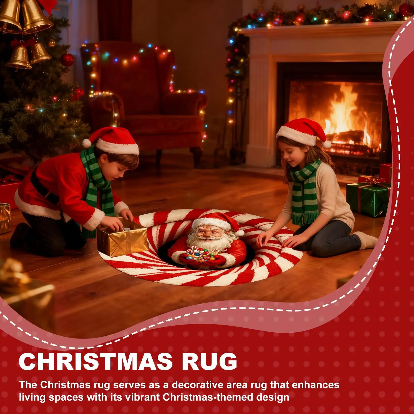 Christmas Rug Optical Illusion Non-Slip Round Round 3D Santa Christmas Floor Mat For Living Room Entryway Office Dorm Apartment