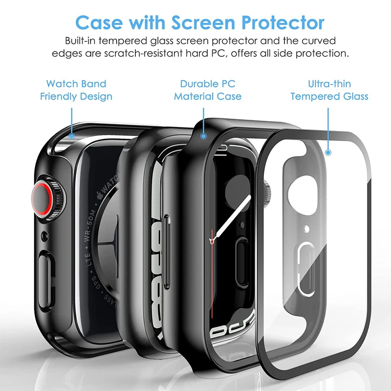 Glass+Cover For Apple Watch case 8 7 6 SE 5 3 iWatch Accessorie Screen Protector Apple watch serie 44mm 40mm 41mm 45mm 42mm 38mm