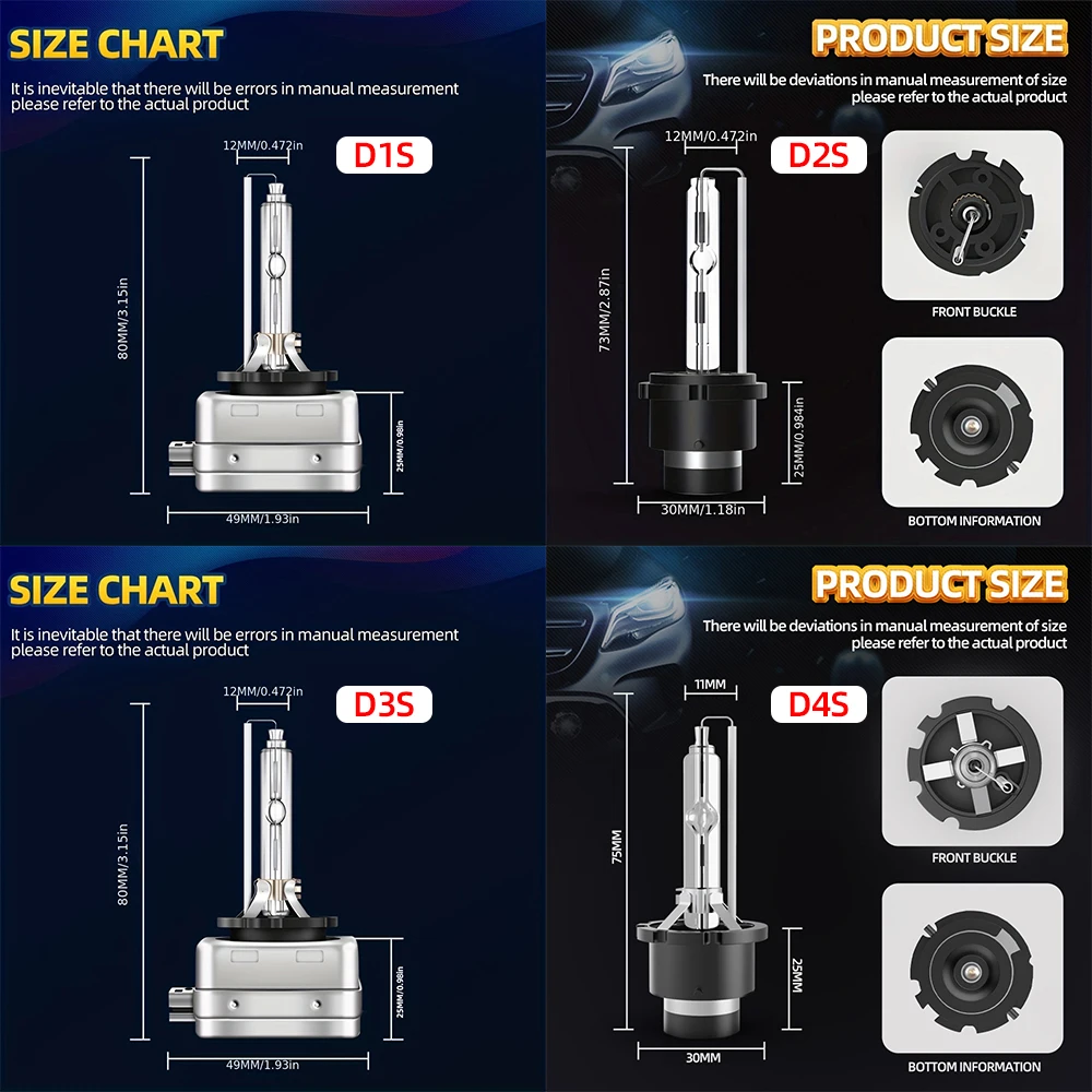 2pcs D1S D2S D3S D4S Xenon Headlight Bulbs, 6000K White 150% Lighting Distance Xenon Replacement Bulb With Metal Stents Base