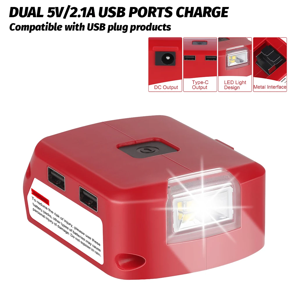 

Адаптер аккумулятора для источника питания литий-ионного аккумулятора Milwaukee 18 В с двойным USB 5 В/2,1 А, 3 Вт, светодиодный рабочий фонарь