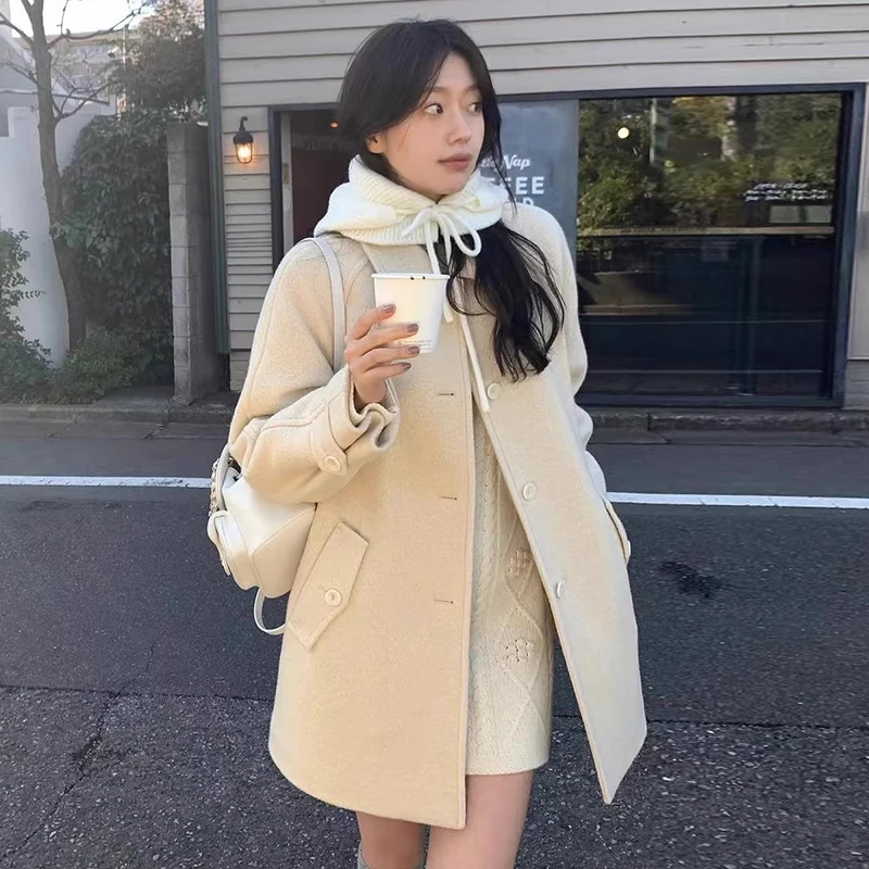 Chic Winter Gentle Wind Single Button Loose Ba Split Design Small Size Woolen Coat for Women Korean Sle Straight Tube