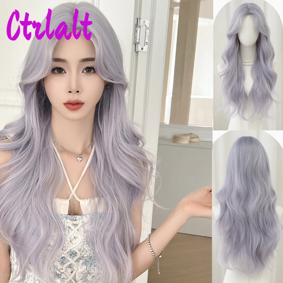 Long Gray Purple Wavy Synthetic Wig with Bangs Halloween Wigs for Girls Cosplay Party Lolita Heat Resistant Fiber