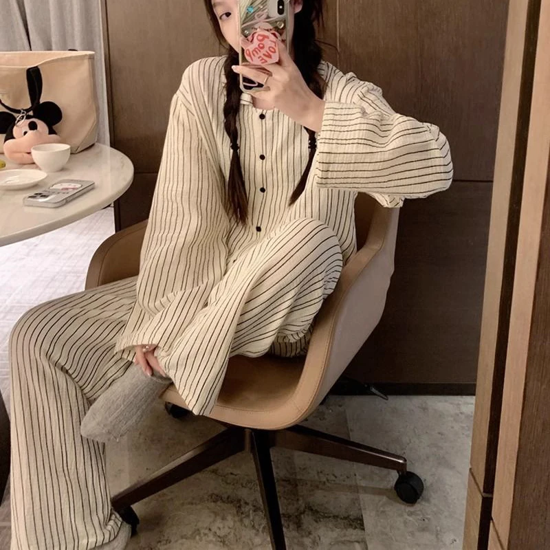 Striped Sleepwear Women Pajama Sets Casual Piiama Korean Pants Sets for Women 2 Pieces Button Night Wears Autumn Home Suit New