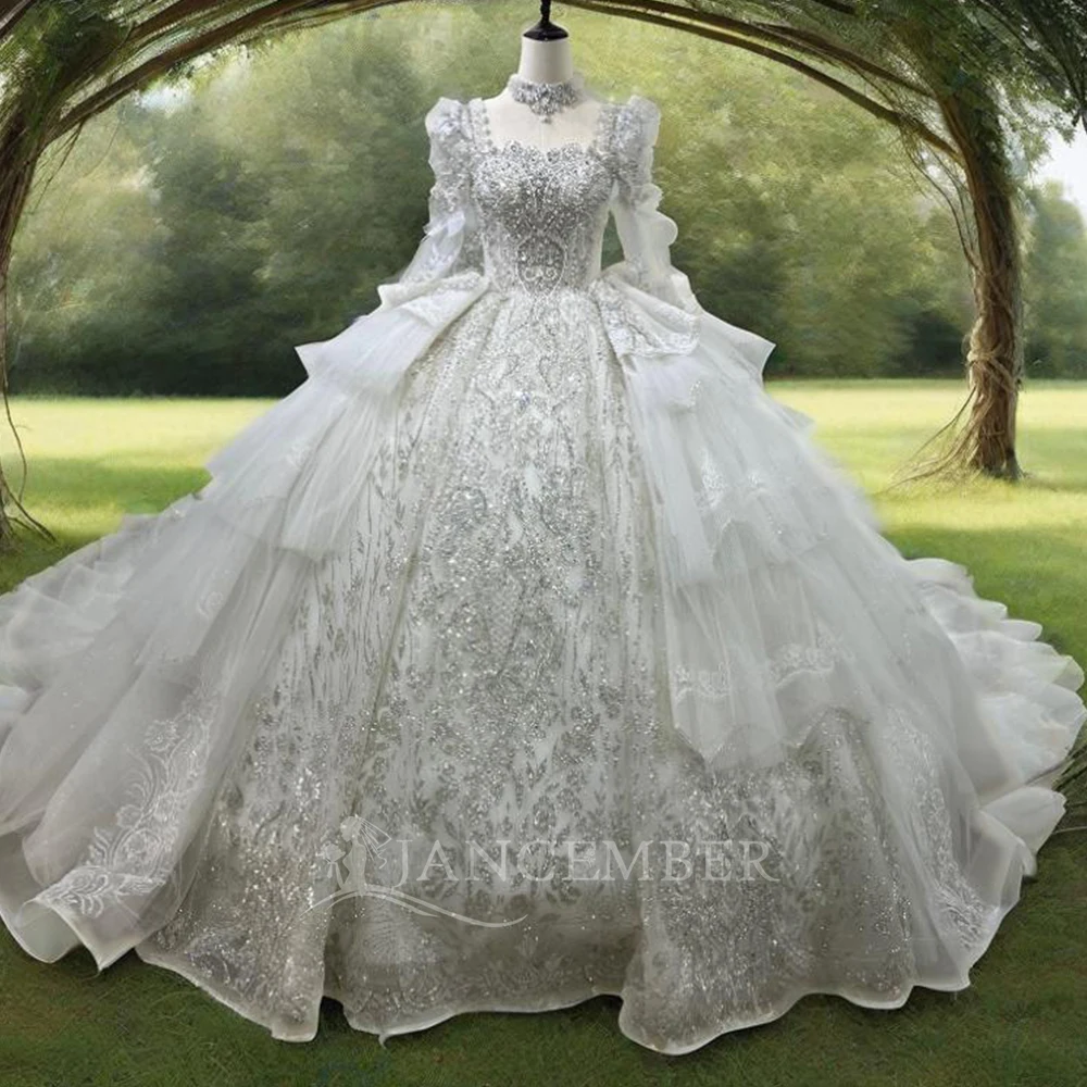 

Jancember Gorgeous Chapel Train Ball Gown Wedding Dresses 2025 Elegant Square Collar Beading Bridal Gown vestidos de novia XS057