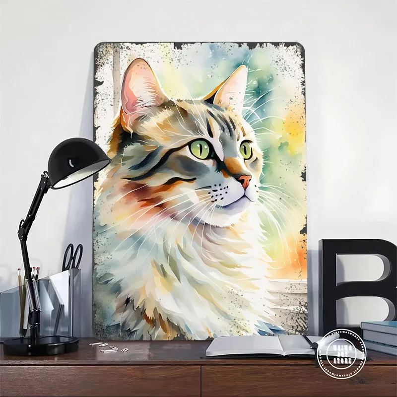 Watercolor Cat Portrait Blissful Cat Whiskers Poster Retro 3D Printed Metal Signs Customized Wall Hanging Gift for Decor Luxury