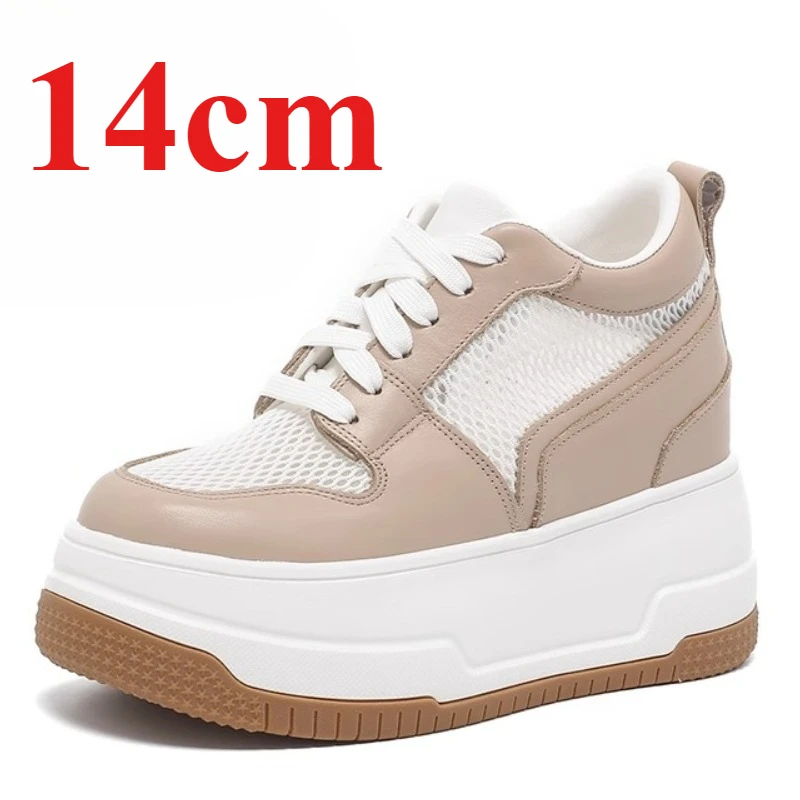 Women's 14cm Elevated Genuine Leather Mesh Breathable Casual Sports Board Shoes European Thick Soled Height Increasing Shoes