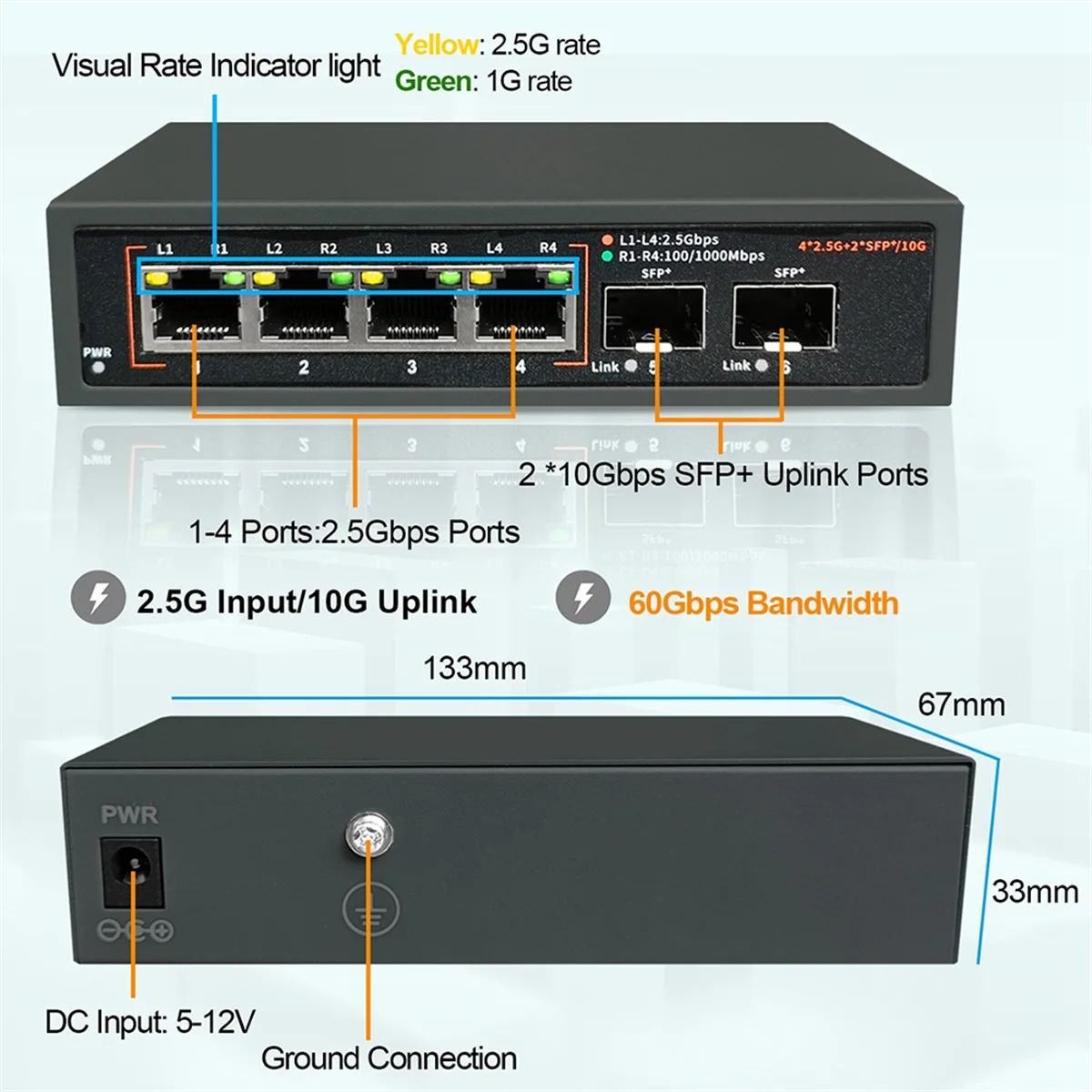 2.5G Ethernet Network Switch LAN Hub 4X2.5G+2X10G SFP+ Uplink Port Fanless for NAS Wifi Router Wireless AP VDI EU Plug