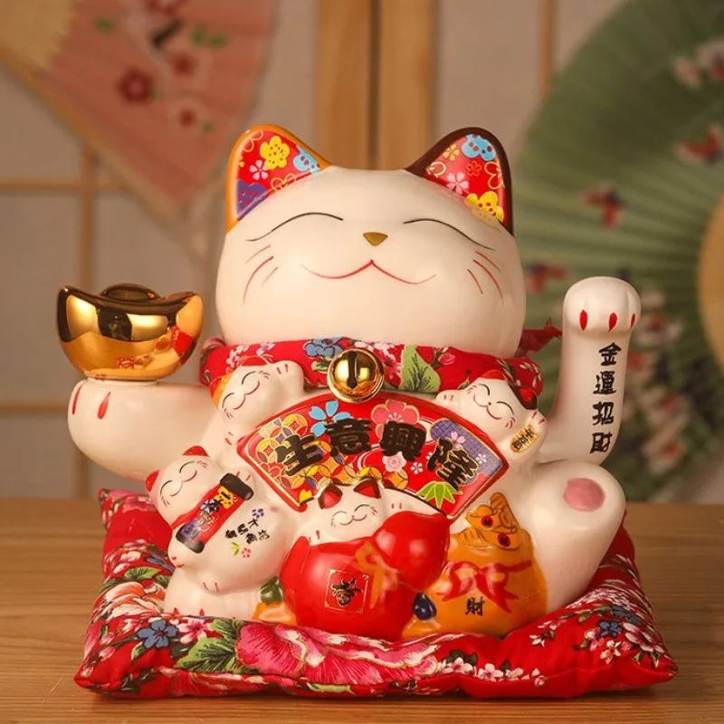 Ceramic Waving Maneki Neko Lucky Cat Statue Business Prosperity Sign Fortune Cat Ornament Colorful Floral Design Home Decor