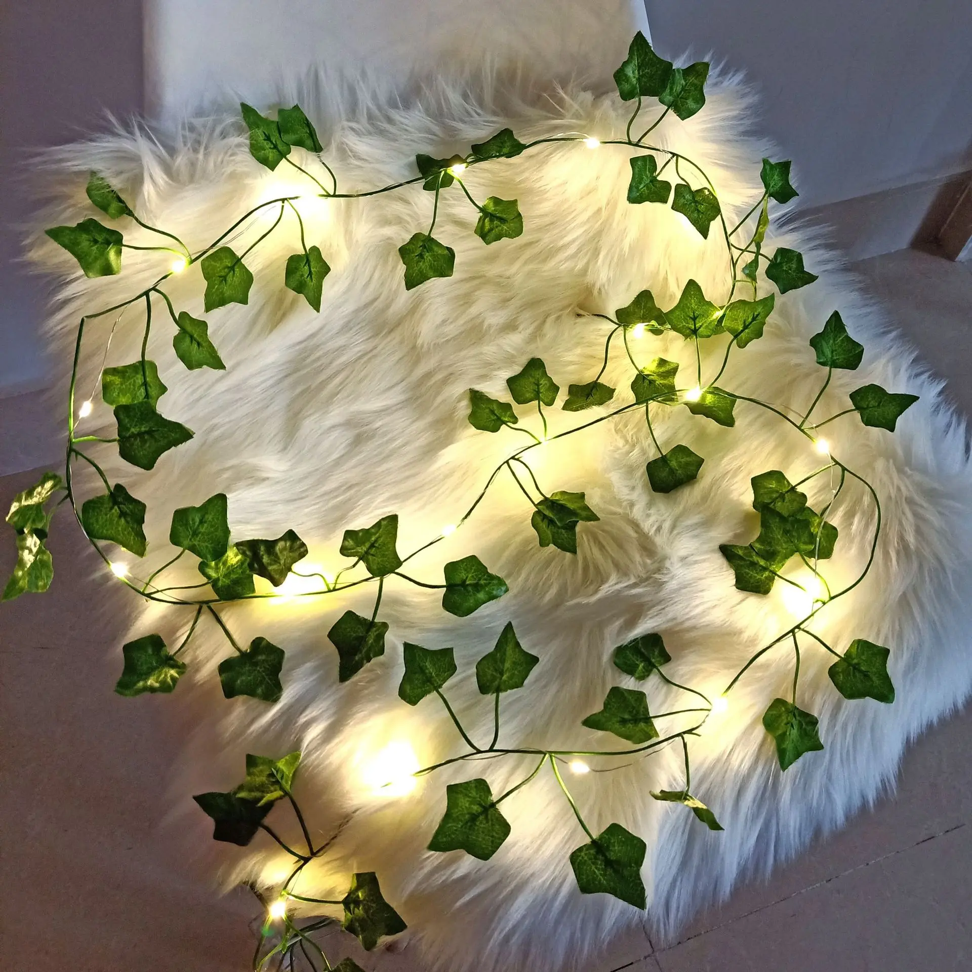 2 metros de seda falsa folha verde hera videira com luzes led corda para casa decoração do quarto casamento brilhante planta artificial guirlanda