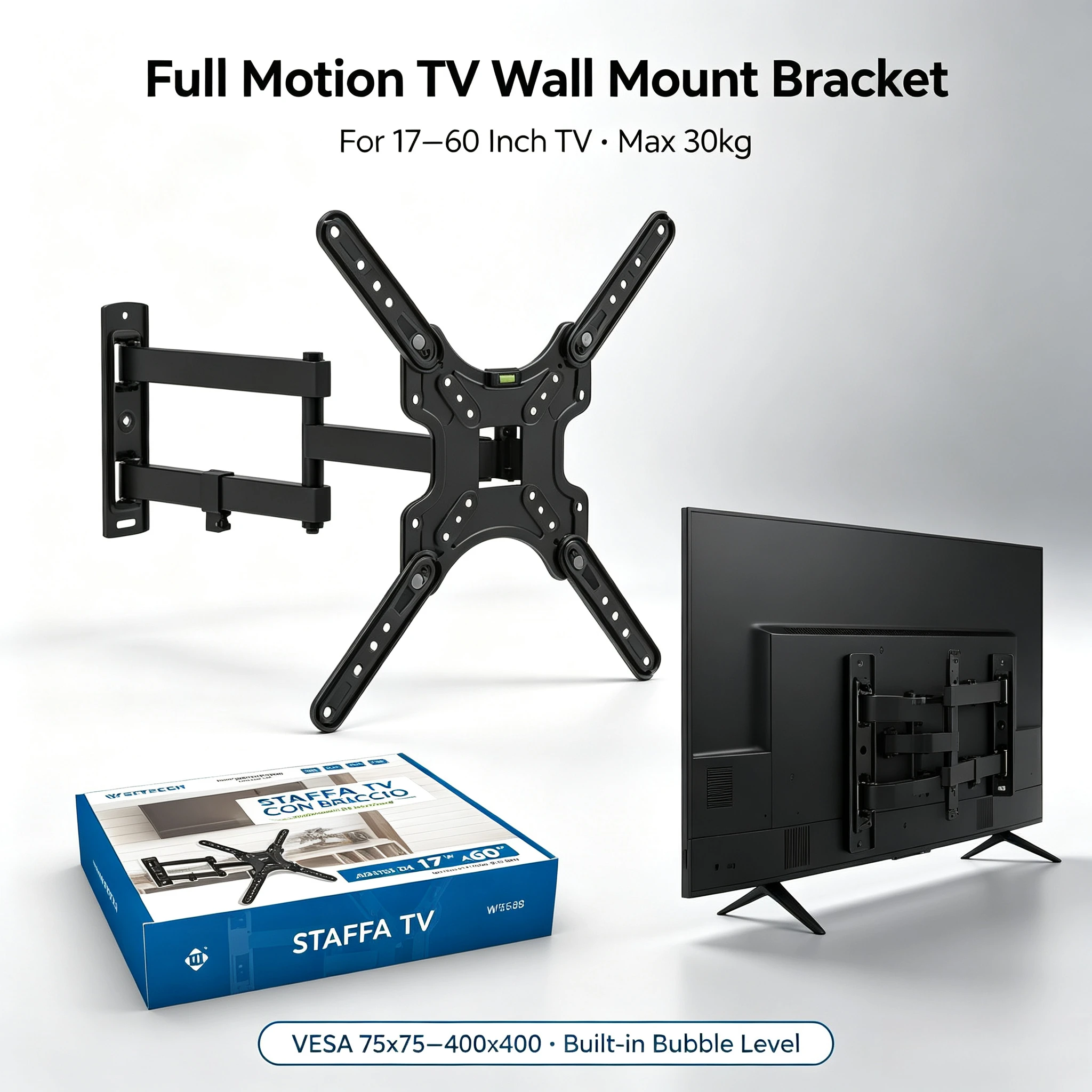 Supporto da parete per TV con movimento completo, inclinabile e orientabile, per TV LCD, LED e OLED da 17 a 60 pollici, portata massima 30 kg, compatibile con standard VESA da 75x75 a 400x400 mm,