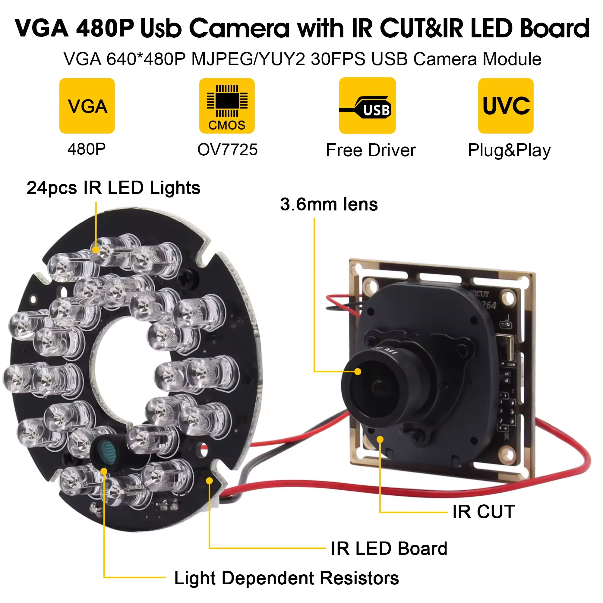 ELP 480P 60fps USB 카메라, 야간 투시경, IR LED 및 IR 컷, 감시용 DIY 카메라 모듈, 24 개