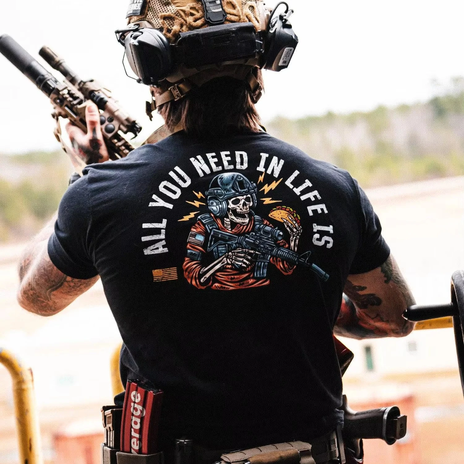 2026 Black Crew Neck Short Sleeve T-shirt, Front And Back Skeleton Tactical Graphic Print, Unisex Retro Street Casual Tee