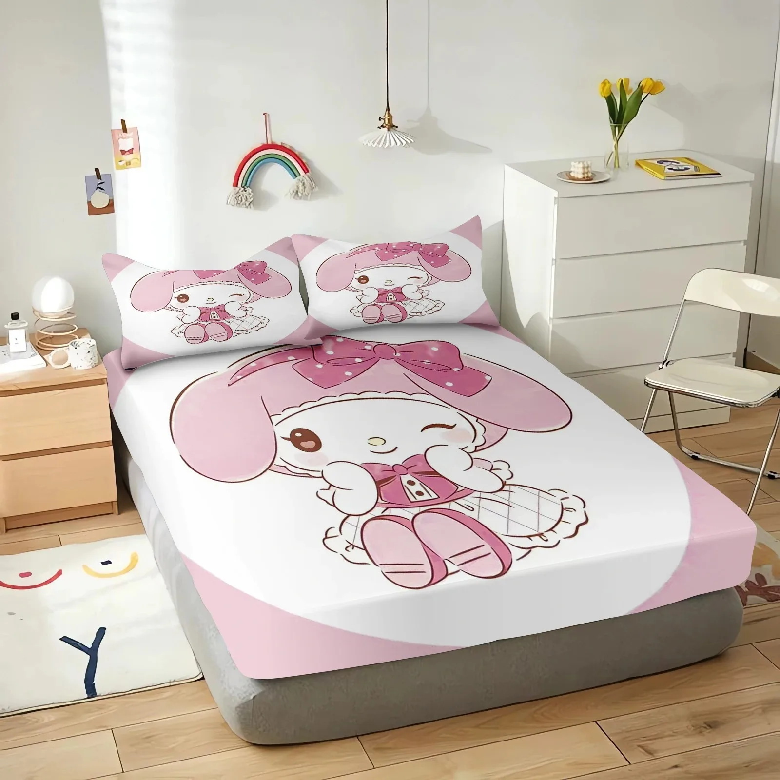 Mymelody Fitted Sheet With Pillowcase,Disney Bed Cover Protector,Mymelody Nonslip Mattress Cover Soft Comfortable Bedding