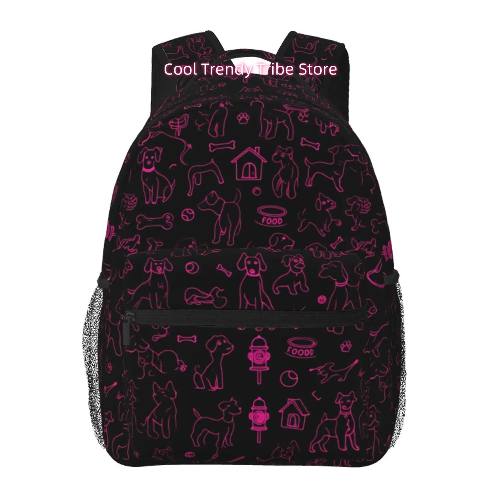 Neon Pink Dog Line Art Print Backpack, Oxford Cloth Adjustable Strap Casual Daypack for Commute, Work