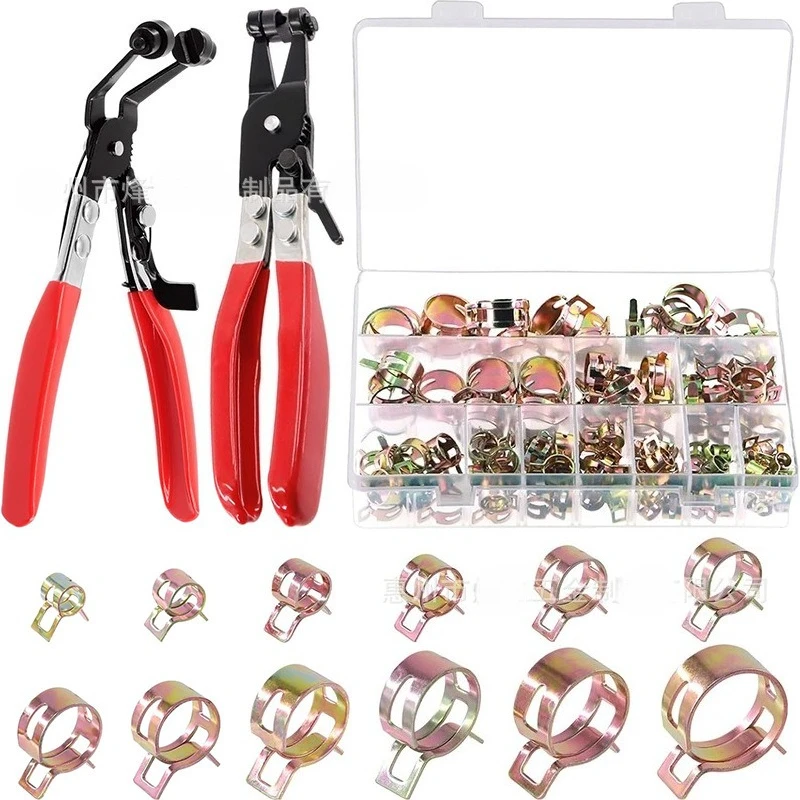122Pcs Boxed 65Mn Steel Color Zinc Spring Hose Clamp Kit, Elastic Pipe Clips for Auto Water & Fuel Hose Fastening