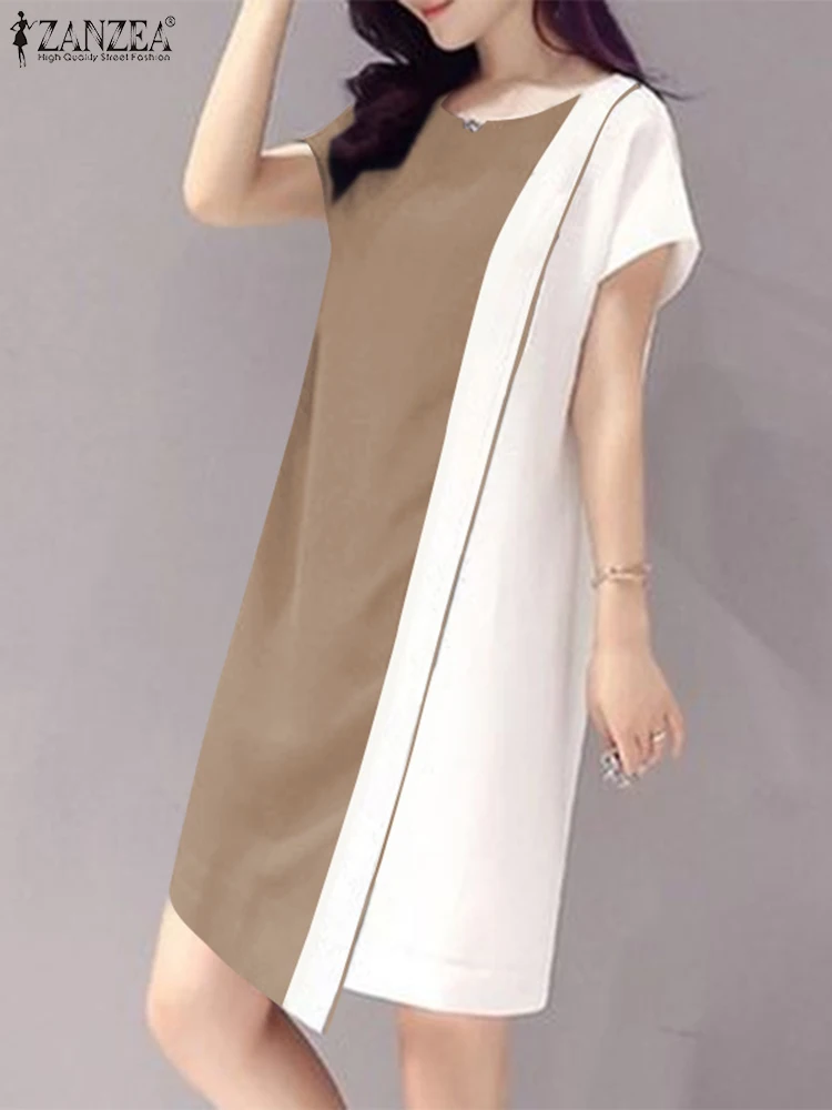 ZANZEA Women Colorblock Mini Dress Casual Asymmetrical Solid Vestido Fashion Summer Short Sleeve Robe Vintage Stitching Sundress