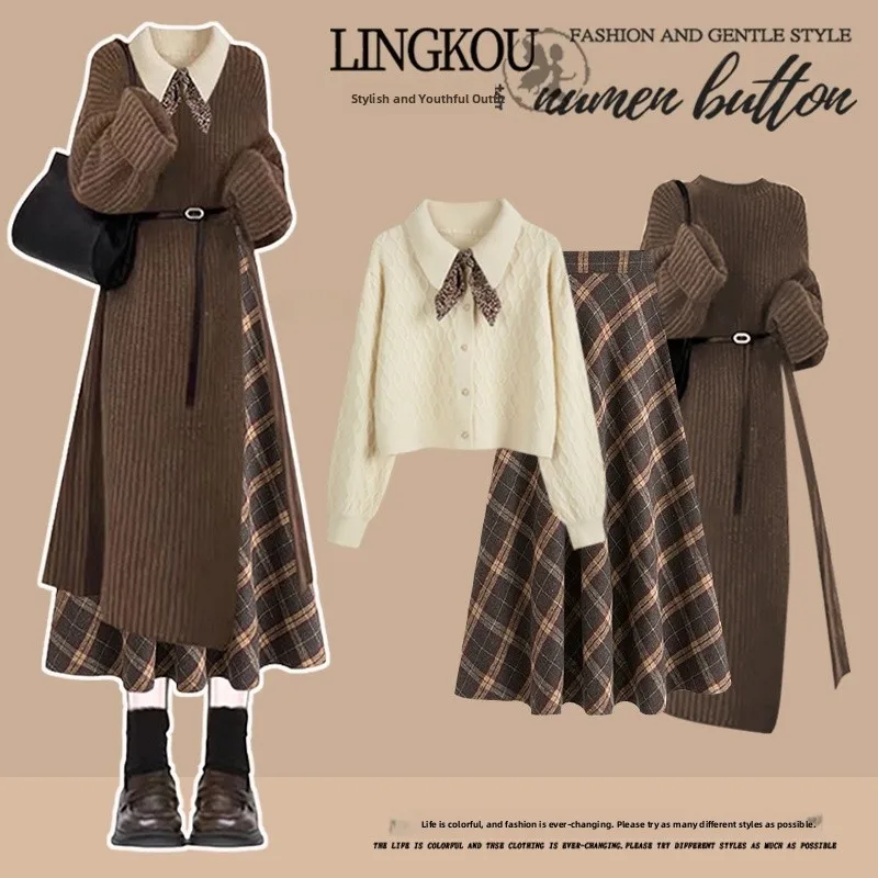 

Комплект из двух предметов: вязаный джемпер с разрезом и клетчатая юбка с узлом, осенне-зимний, профессиональный, винтажный, больших размеров