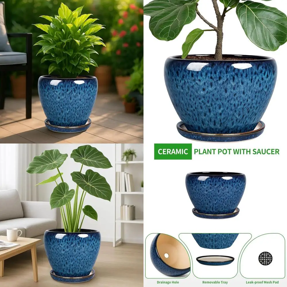 

10 Inch Round Plant Pot with Drainage Holes and Trays, Ideal for Indoor or Outdoor Plants, Blue
