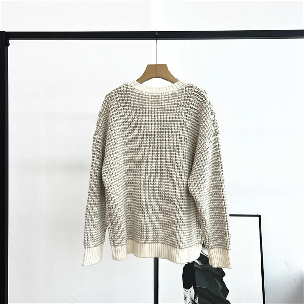 Damski sweter z okrągłym dekoltem, długim rękawem, łączony z efektownym jedwabiem, luźny, mieszanka kaszmiru, dzianina, kolekcja Jesień/Zima 25