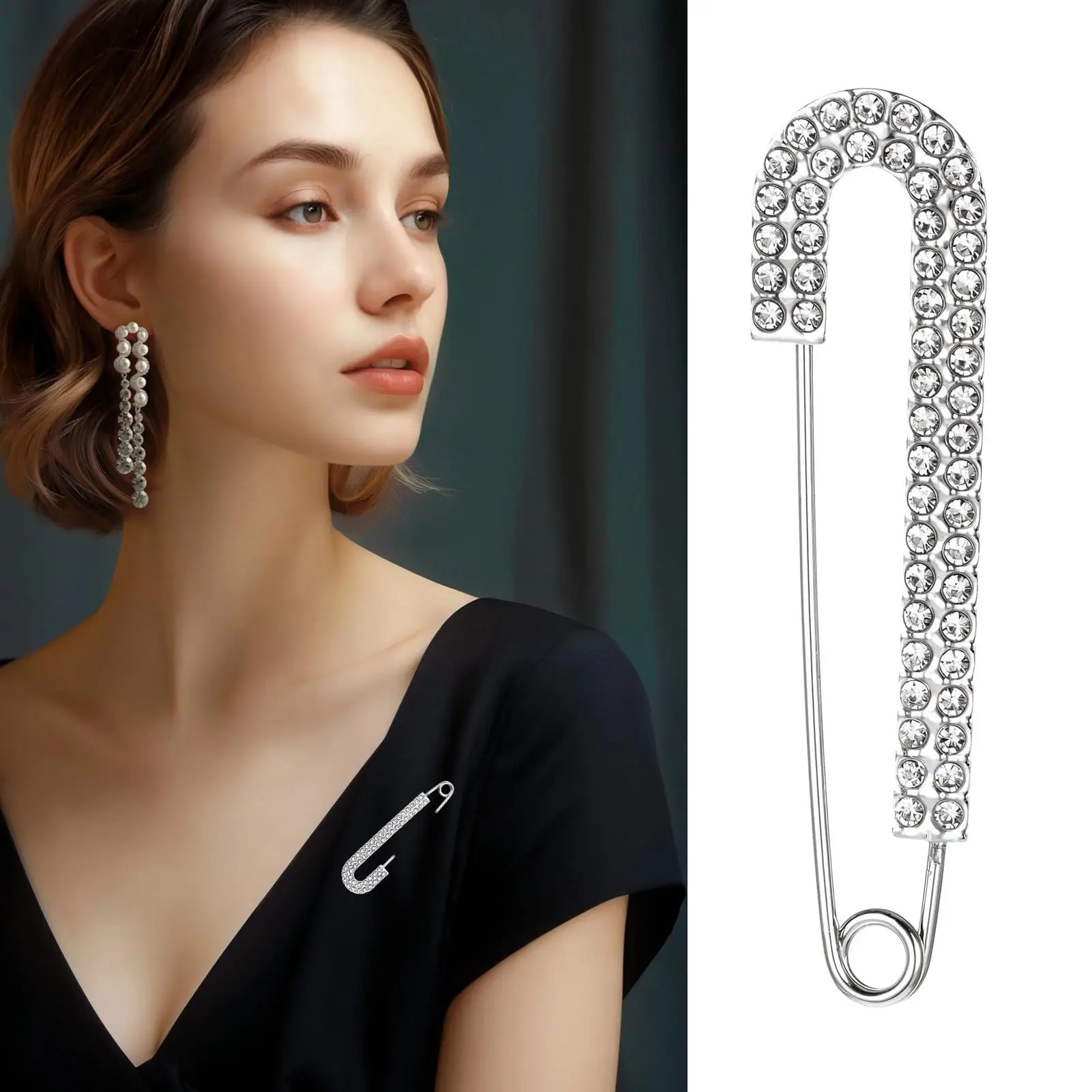Silver Tone Rhinestone Safety Pin Silver Buckle Jewelry Large Brooch Luxurious Safety Clothing Pin for Scarf Women Shiny Fashion view 2