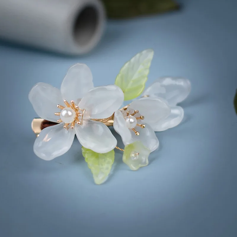 Antique Chinese Hanfu Hair Clips Glass Flowers Hairpin Girls Fairy Pearl Headdress Traditional Hanfu Headpiece Ancient Jewelry
