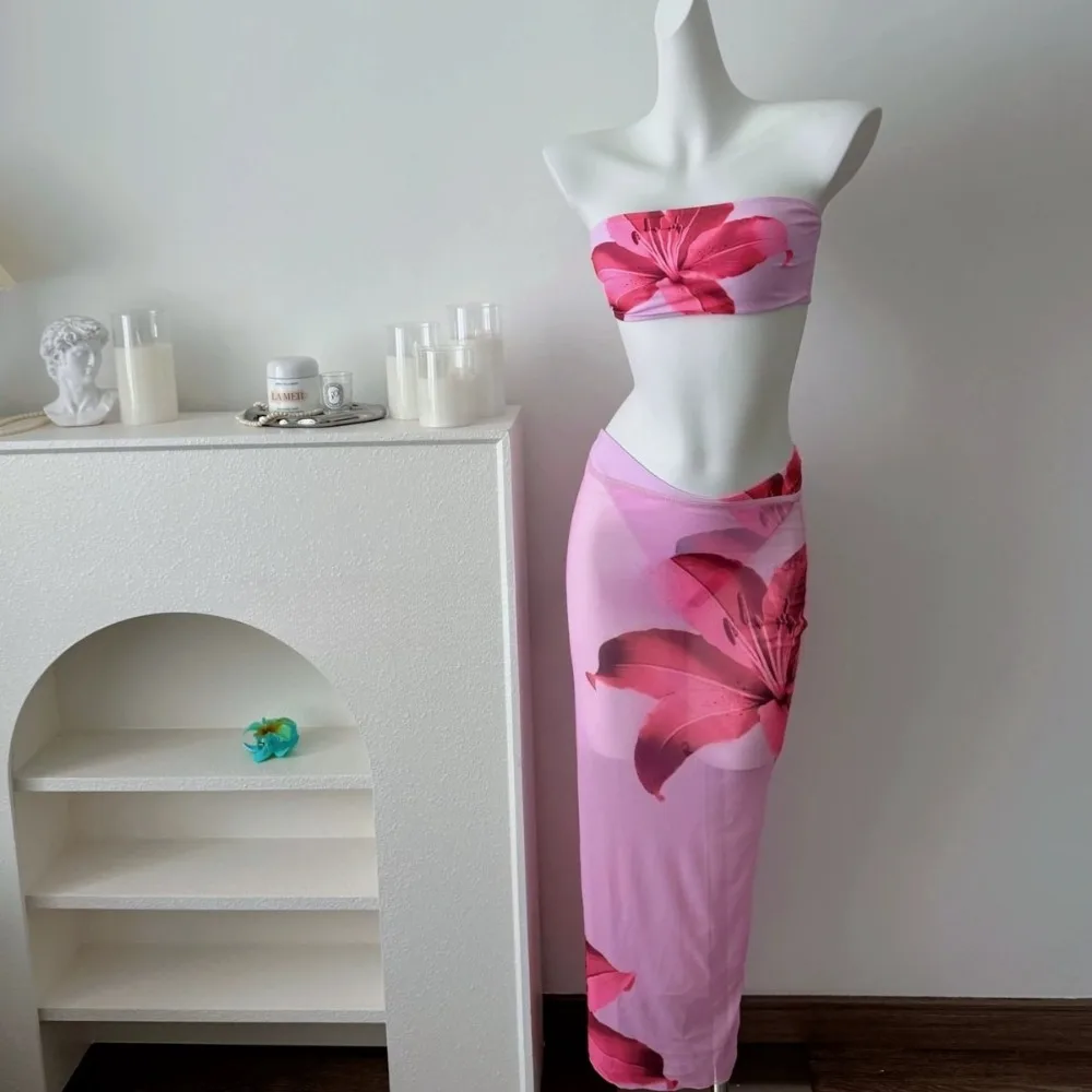 

Сексуальный женский комплект бикини 2025 — экзотический цветок Maillot de Bain Femme, топ с эффектом пуш-ап и юбка с запахом для вечеринки у бассейна, купальник