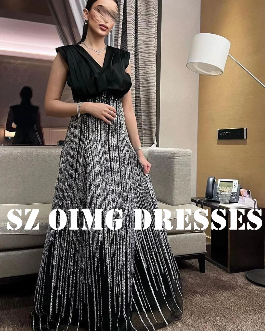 OIMG New Design V-Neck Tassels Vintage Prom Dresses Saudi Arabic Women Satin A-Line Black Evening Gowns Formal Party Dress