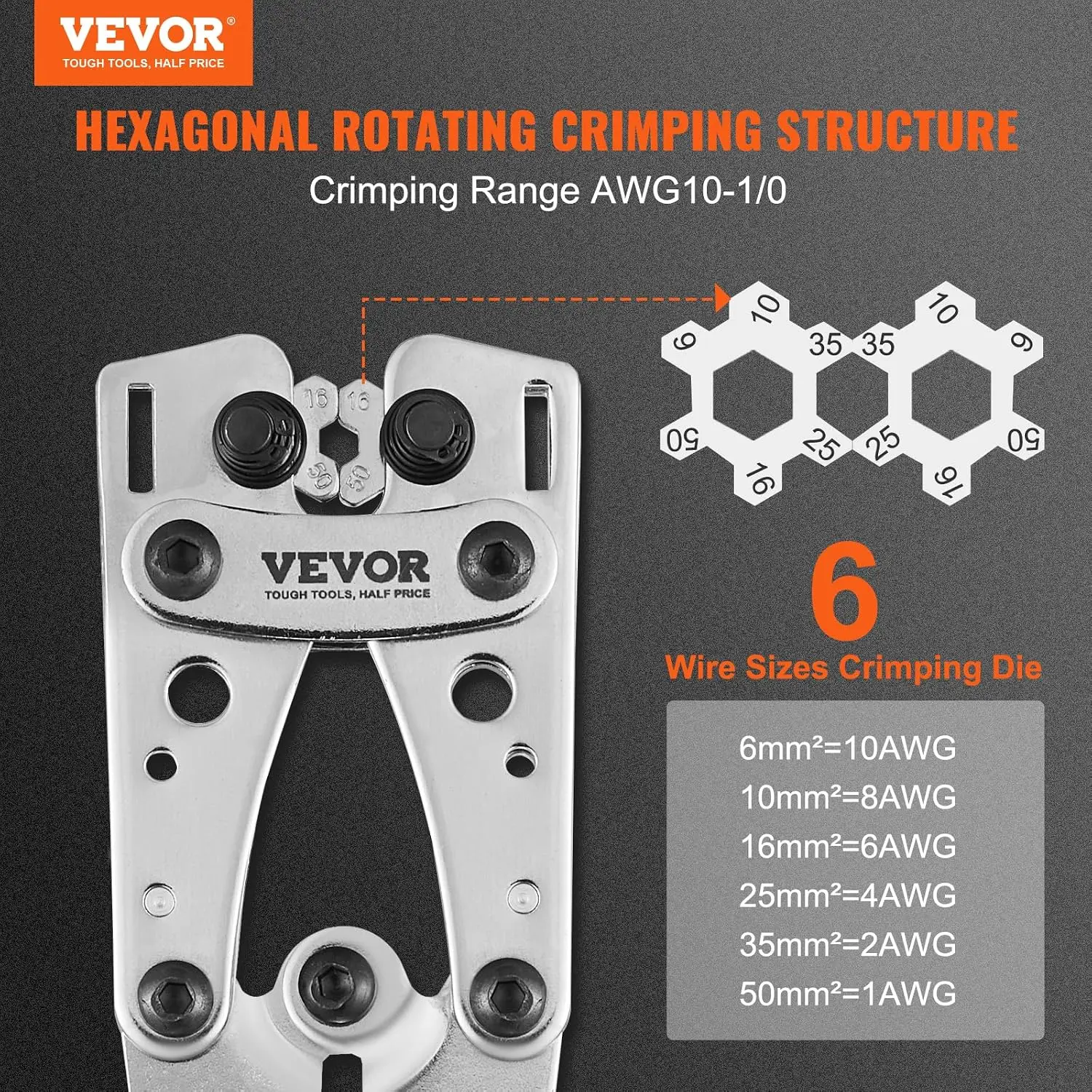 Battery Cable Lug Crimping Tool, 10-1/0AWG with Cable Cutter and 48PCS Copper Ring Terminals, 6 Wire Sizes Crimping Die and 100p