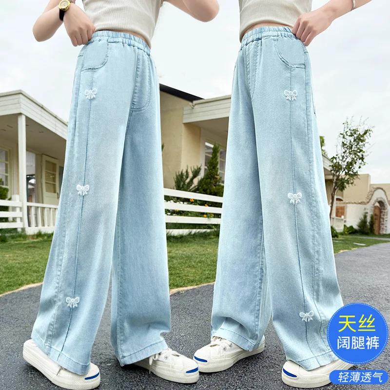

Child Lyocell Fabric Jeans with Side Lace Butterfly for Girls High Fashion Streetwear New Arrival Stylish Summer Denim Pants