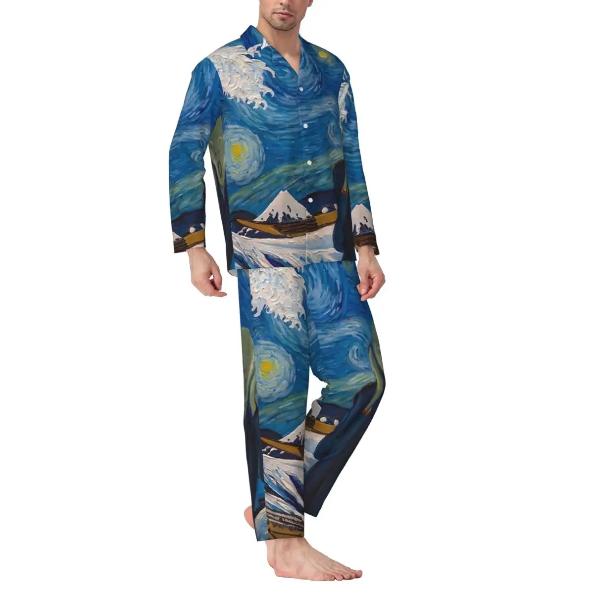 Pajamas Male Van Gogh Starry Night Bedroom Sleepwear The Great Wave 2 Pieces Casual Loose Pajamas Set Lovely Oversized Home Suit