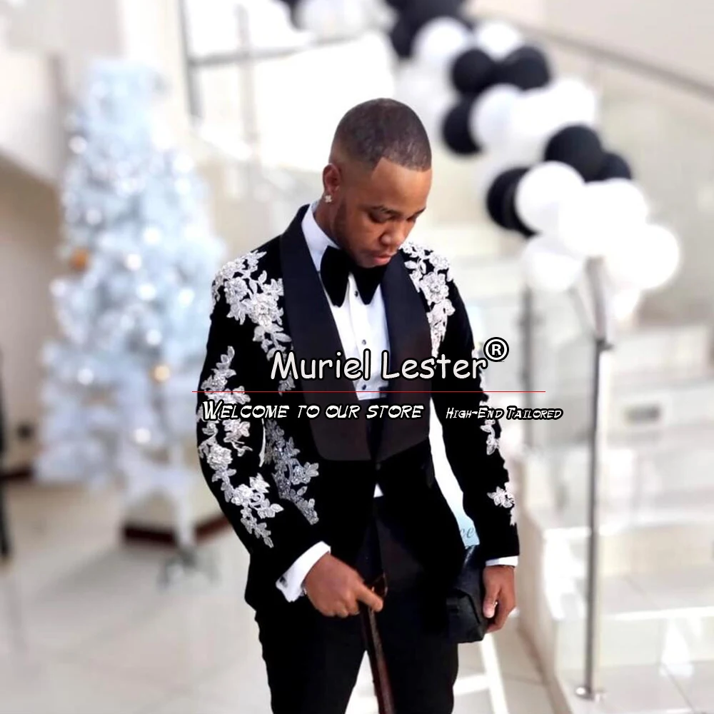 

Elegant Black Velvet Suits Men For Wedding Custom Made Appliques Beaded Jacket Pants 2 Pieces Groom Tuxedo Prom Party Blazers