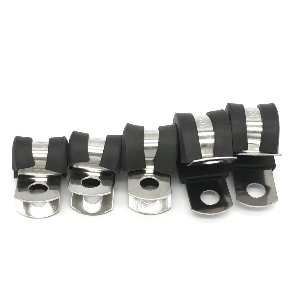 24pcs Rubber Lined P Clips Cable Mounting Hose Pipe Clamp Fixing Pipes 304 Stainless Steel Bracket Fasteners Wire Clamp 6-38mm