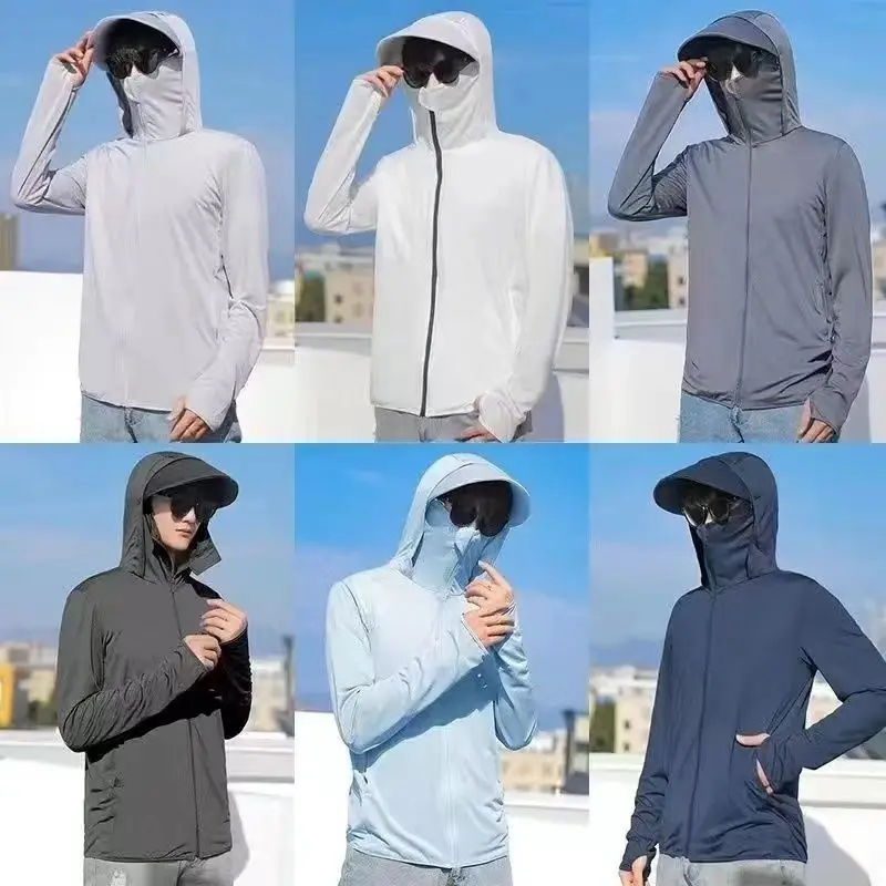 

2025 Hot Ice Silk Men's Summer Thin Breathable Outdoor Fleece Jacket Hooded Sun Protection Coat American High Street Style